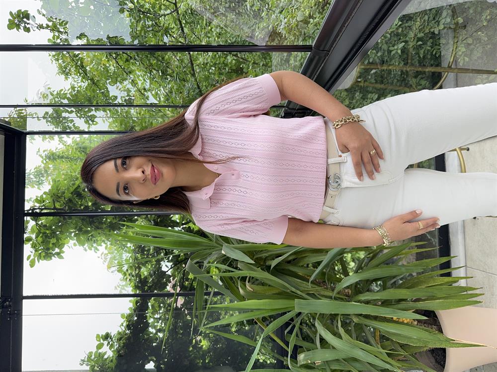 Polo Yaka Ajurlu Kısa Kol Triko Pembe