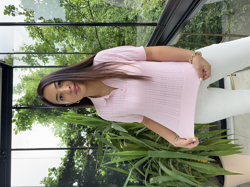 Polo Yaka Ajurlu Kısa Kol Triko Pembe