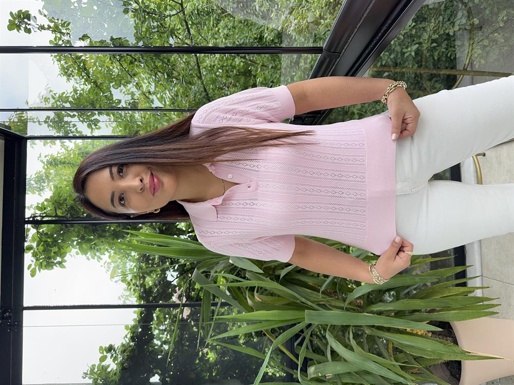 Polo Yaka Ajurlu Kısa Kol Triko Pembe
