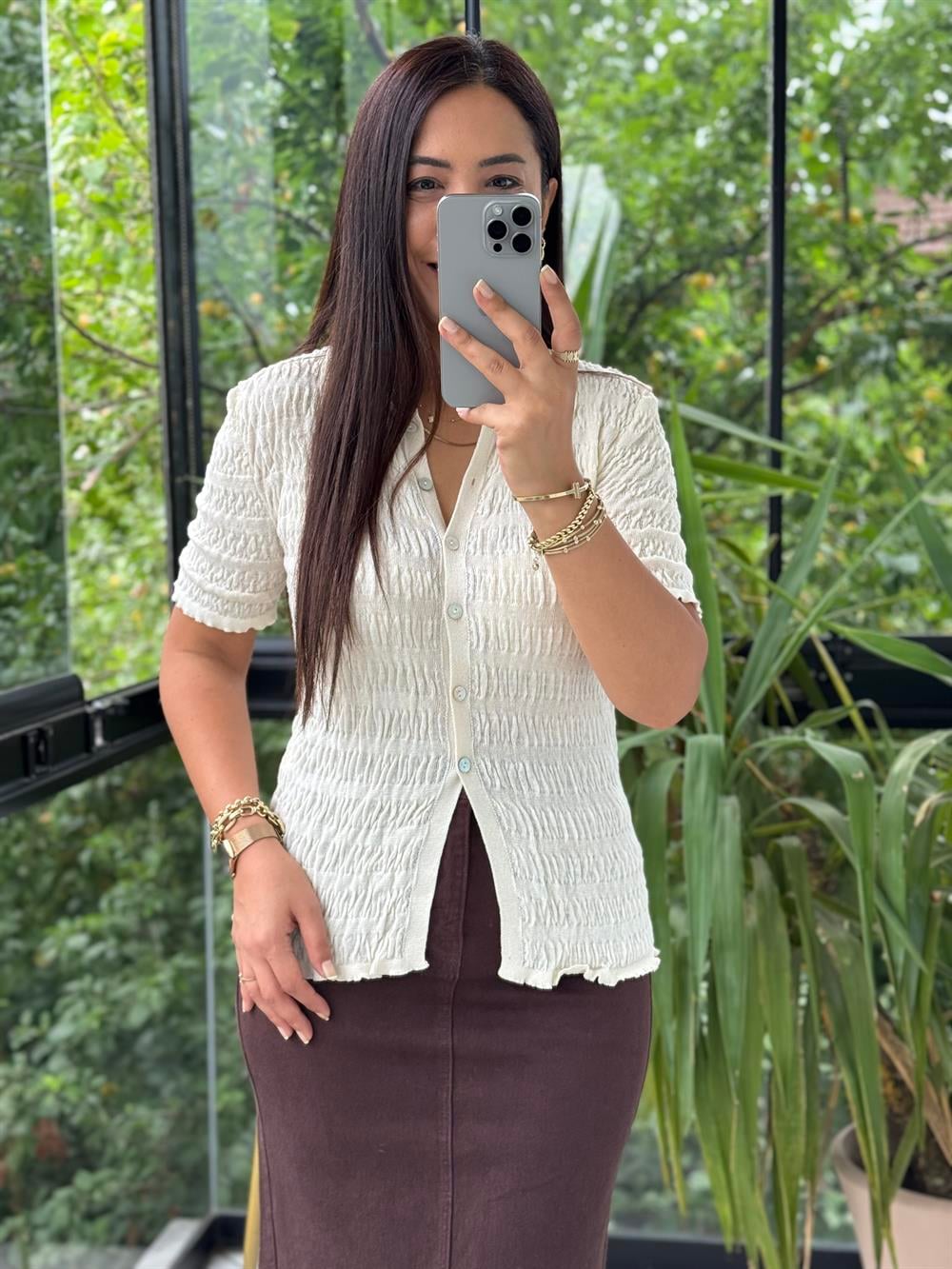 Polo Yaka Büzgülü Düğmeli İnce Triko Hırka Ekru 