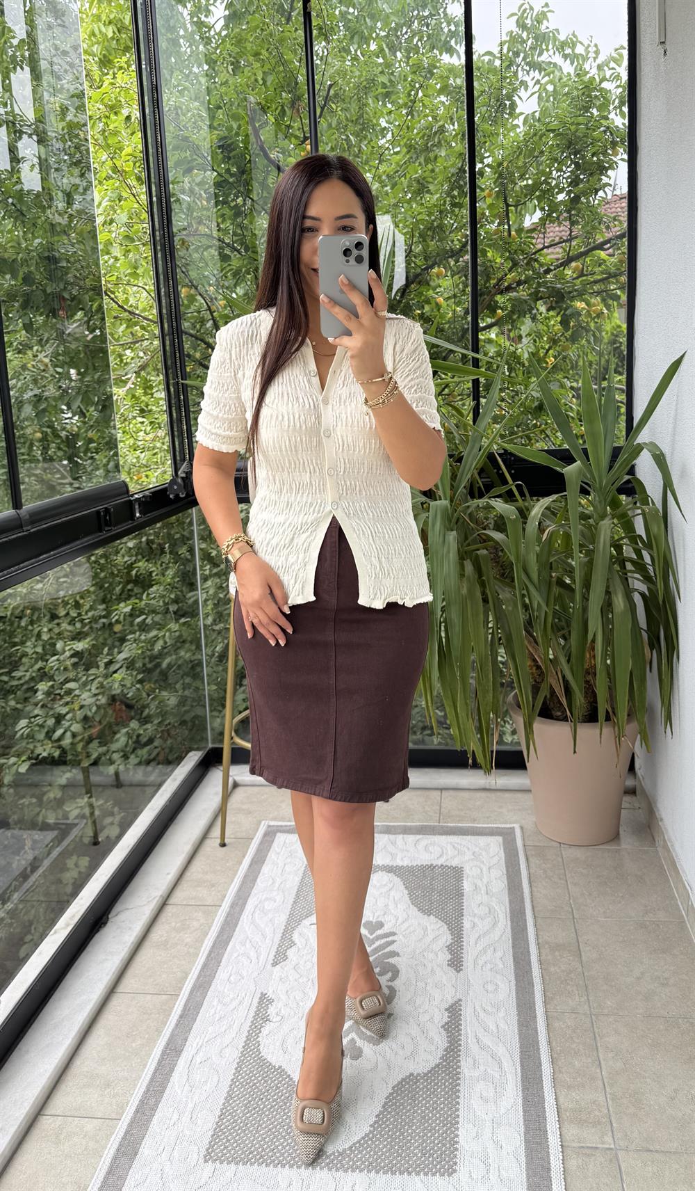 Polo Yaka Büzgülü Düğmeli İnce Triko Hırka Ekru 