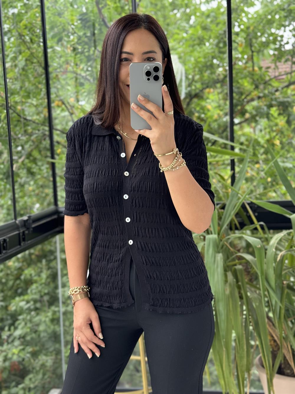 Polo Yaka Büzgülü Düğmeli İnce Triko Hırka Siyah