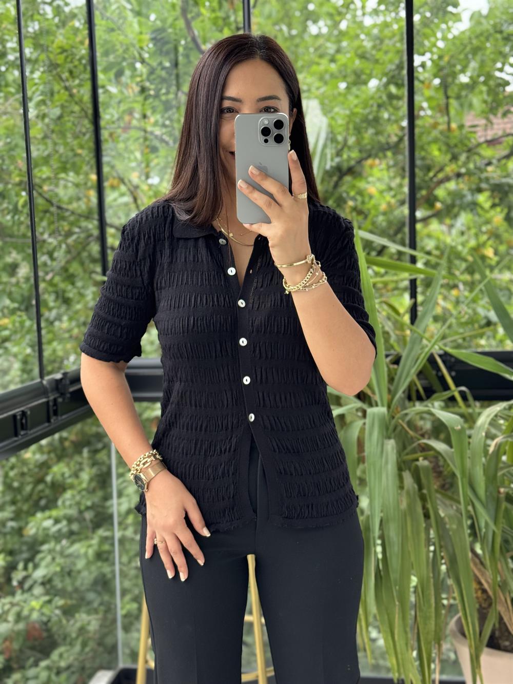 Polo Yaka Büzgülü Düğmeli İnce Triko Hırka Siyah