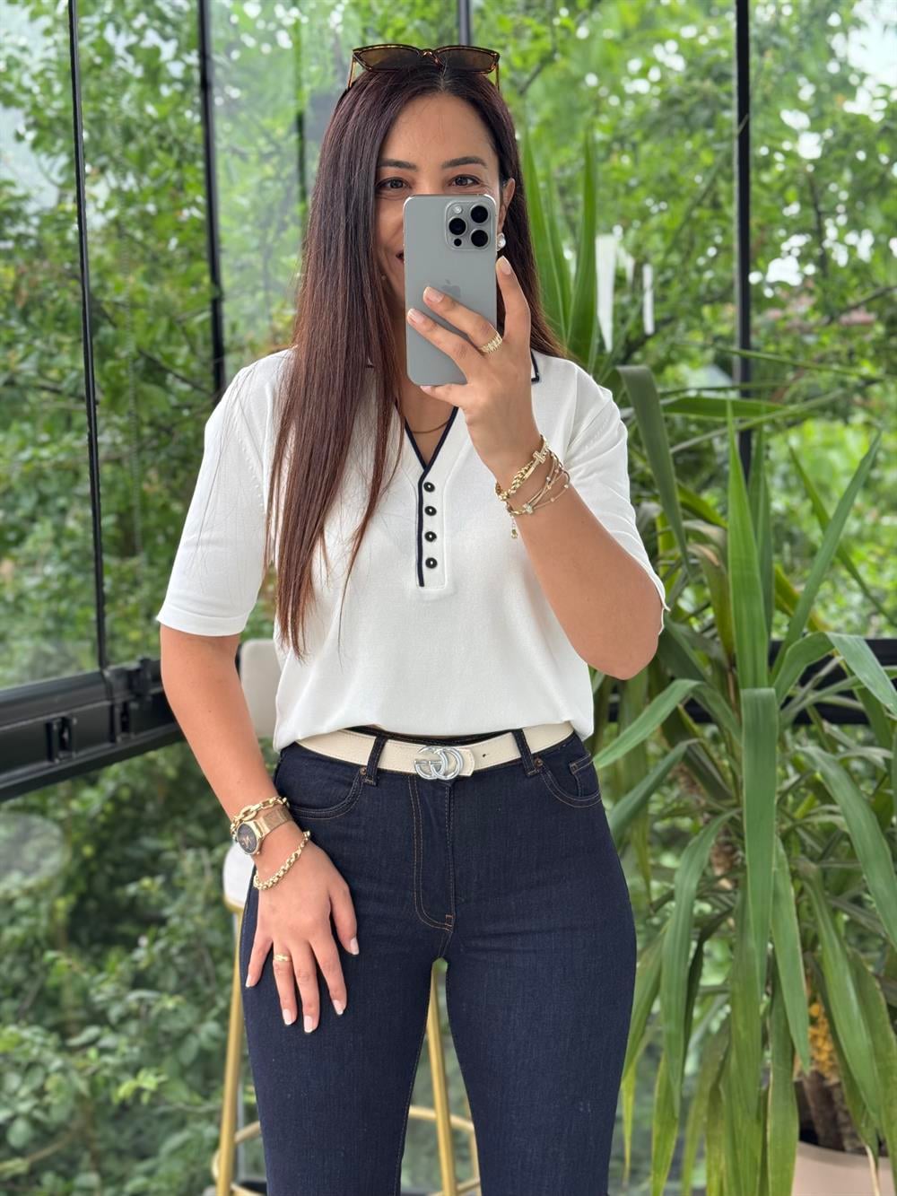 Polo Yaka Özel Düğmeli Triko Bluz Ekru