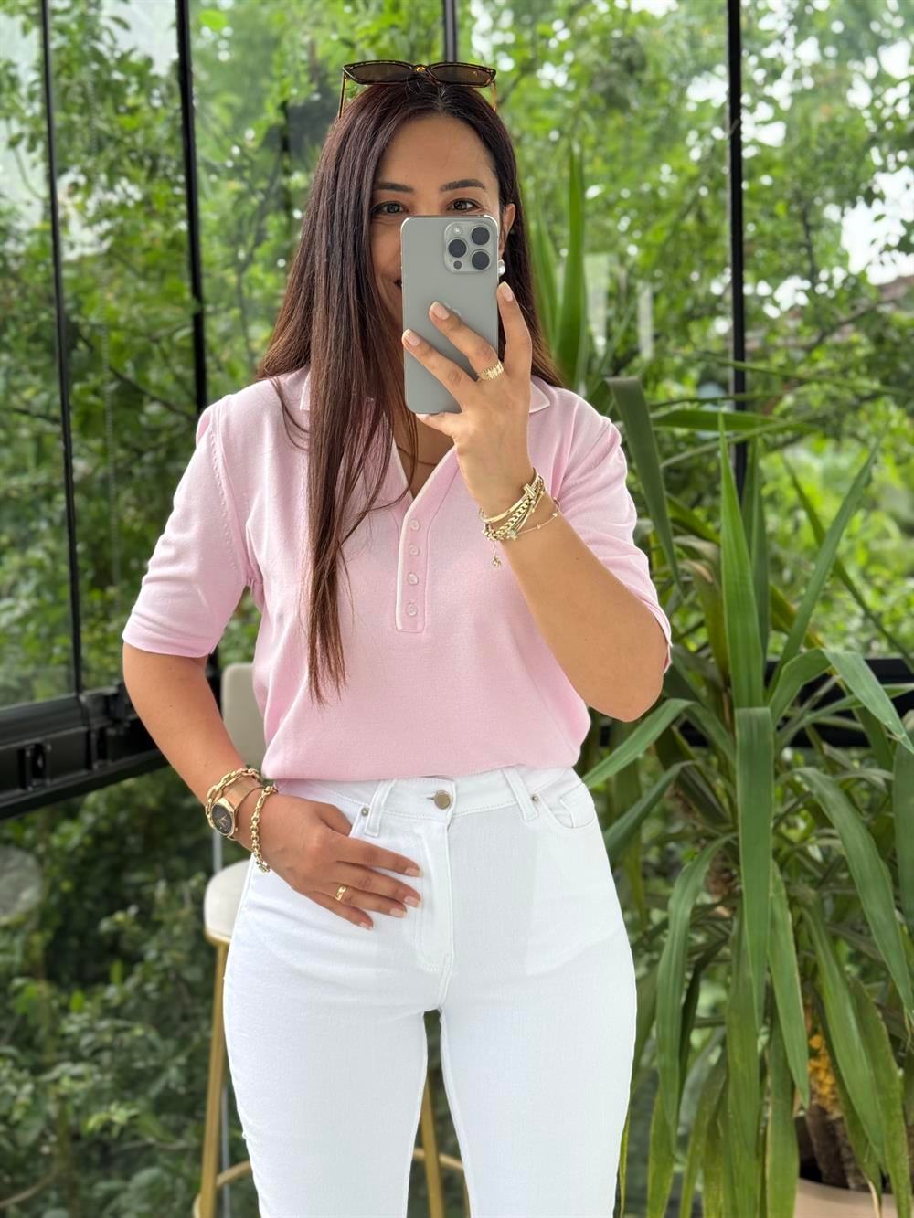 Polo Yaka Özel Düğmeli Triko Bluz Pembe