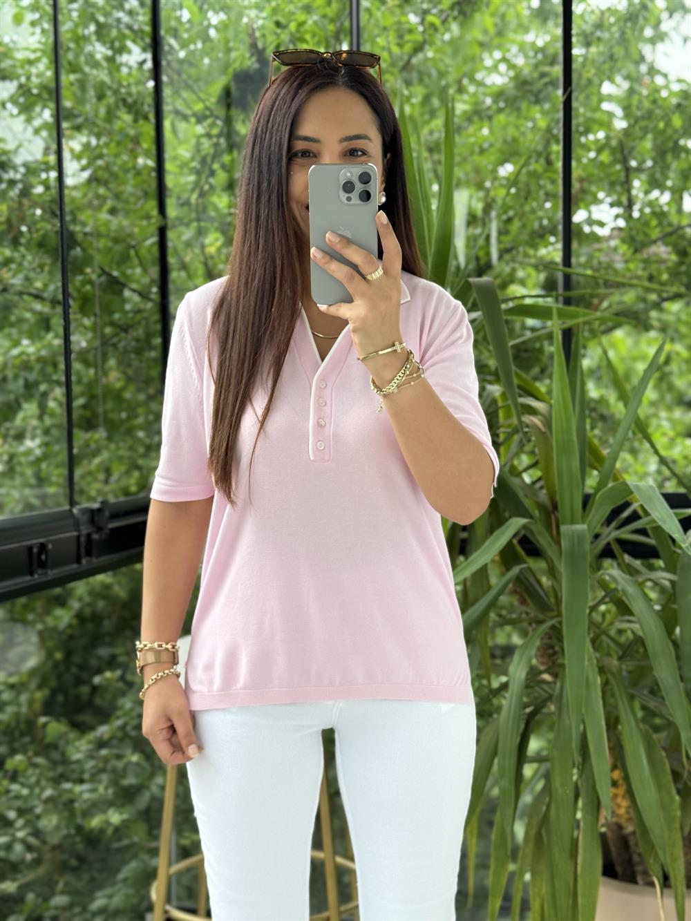 Polo Yaka Özel Düğmeli Triko Bluz Pembe