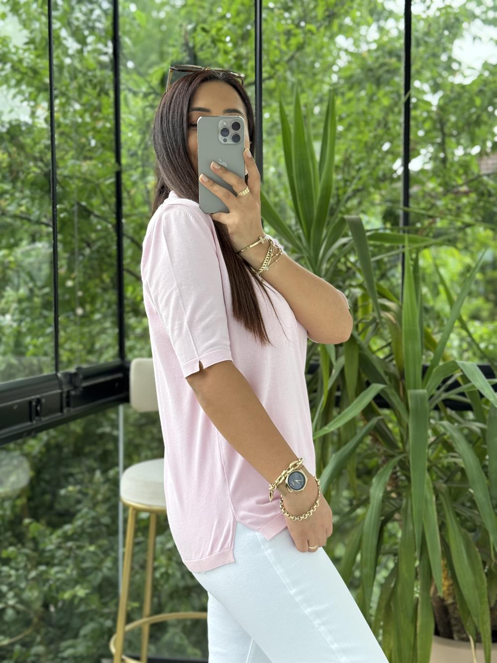 Polo Yaka Özel Düğmeli Triko Bluz Pembe