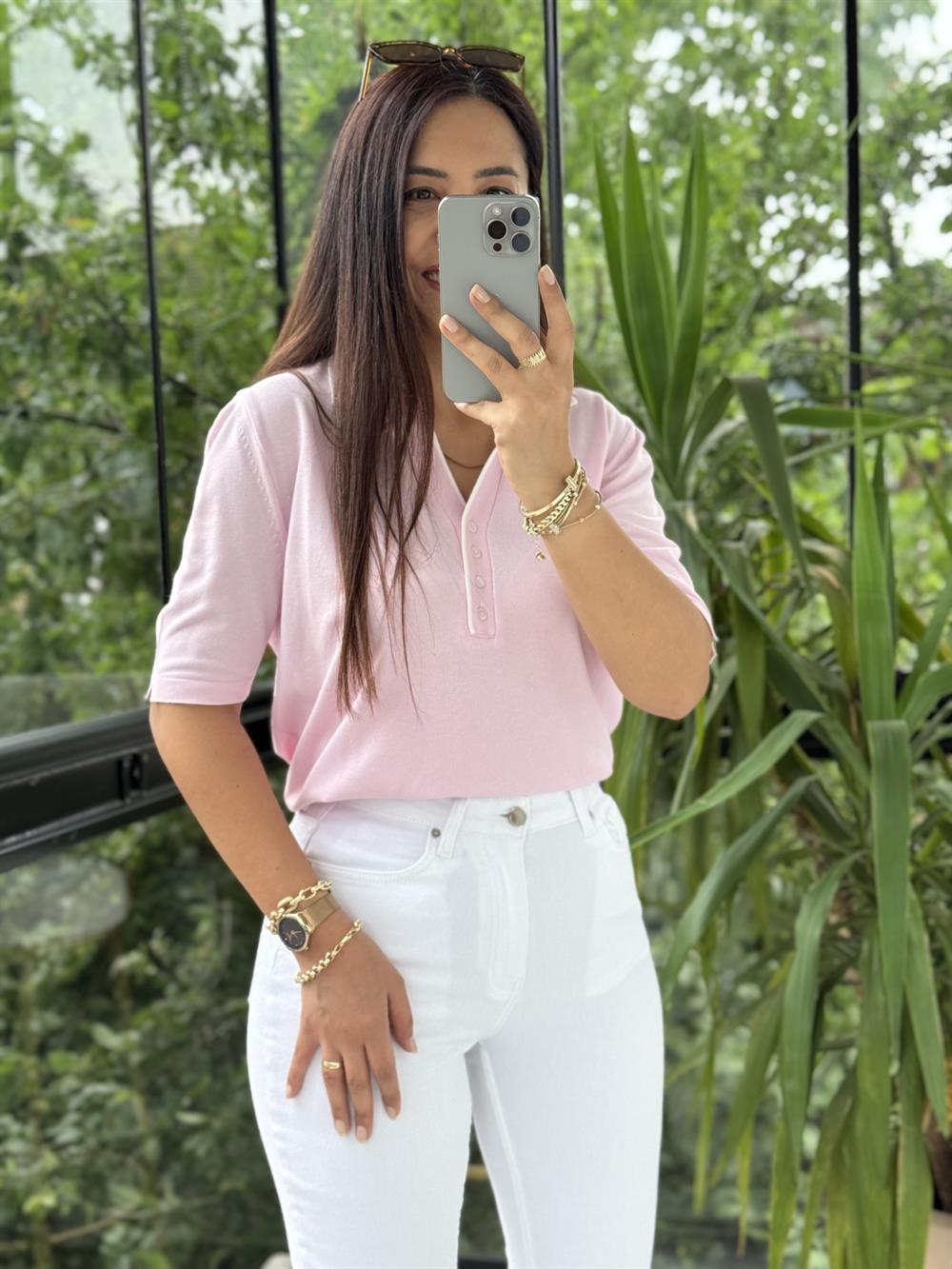 Polo Yaka Özel Düğmeli Triko Bluz Pembe