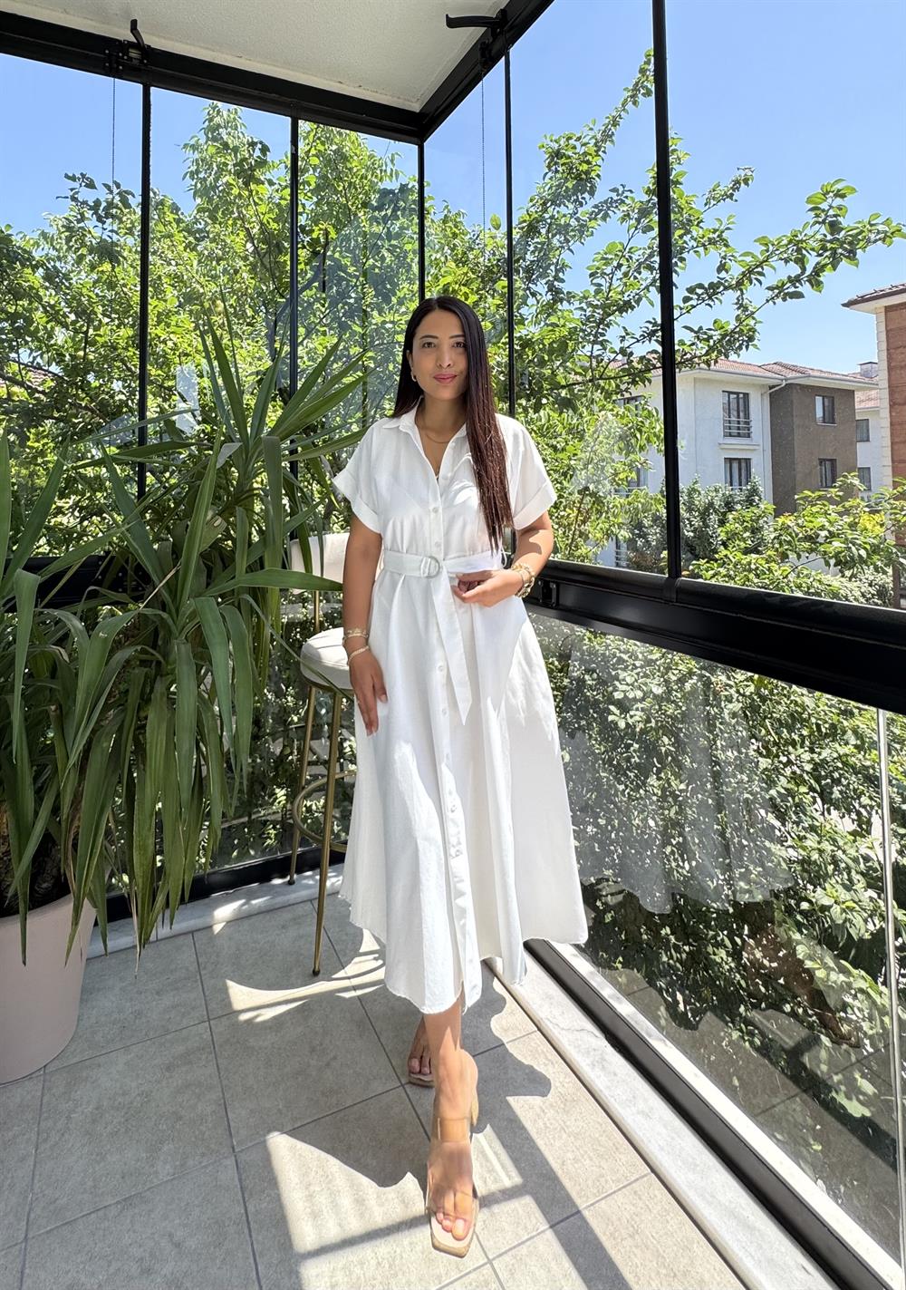 Poplin Kemerli Elbise Beyaz