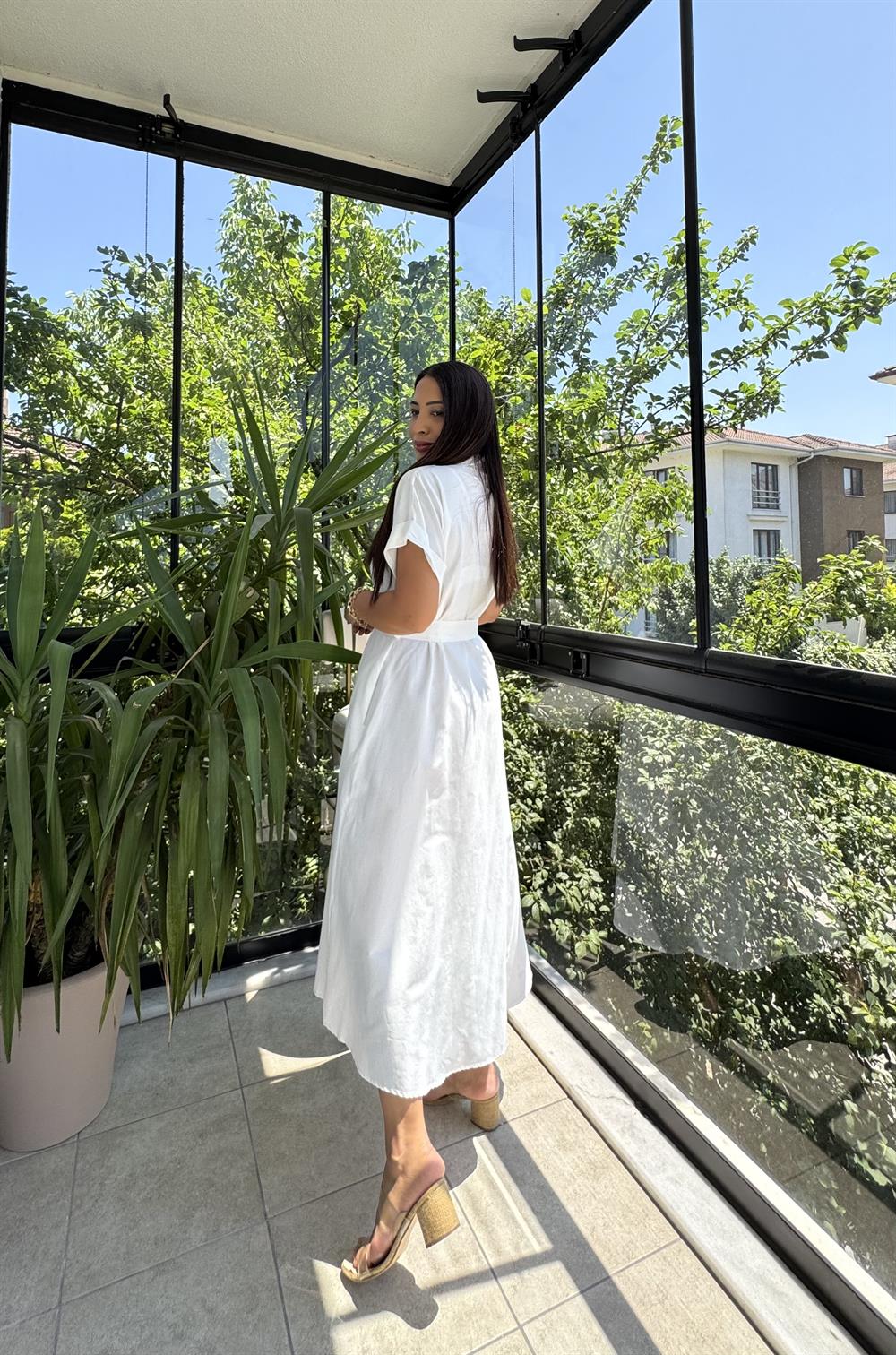 Poplin Kemerli Elbise Beyaz