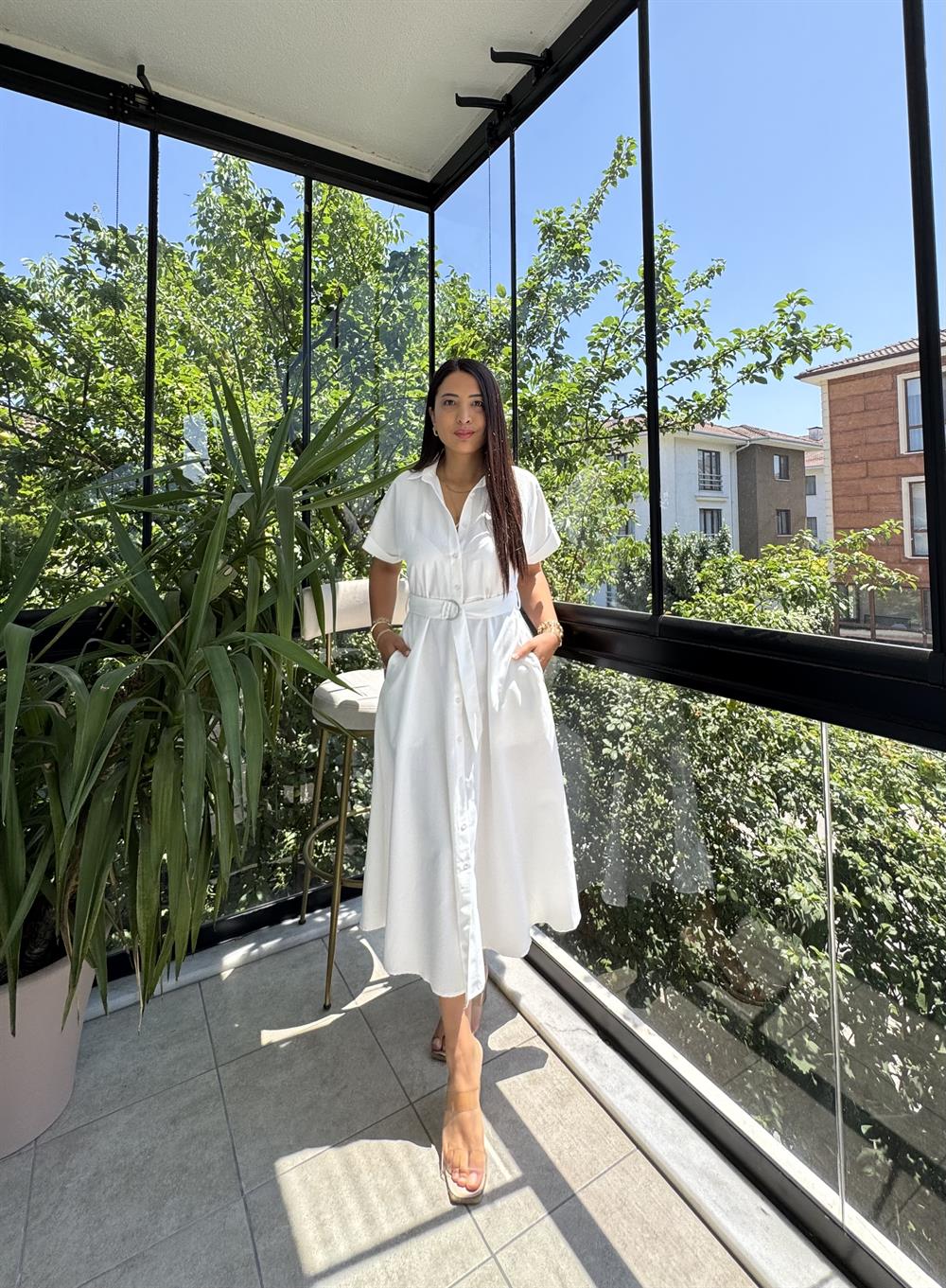 Poplin Kemerli Elbise Beyaz