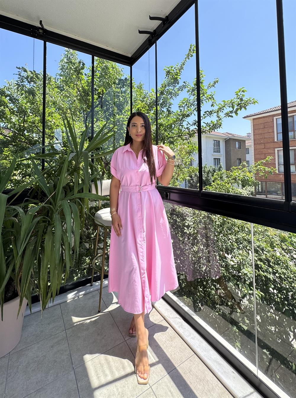 Poplin Kemerli Elbise Pembe