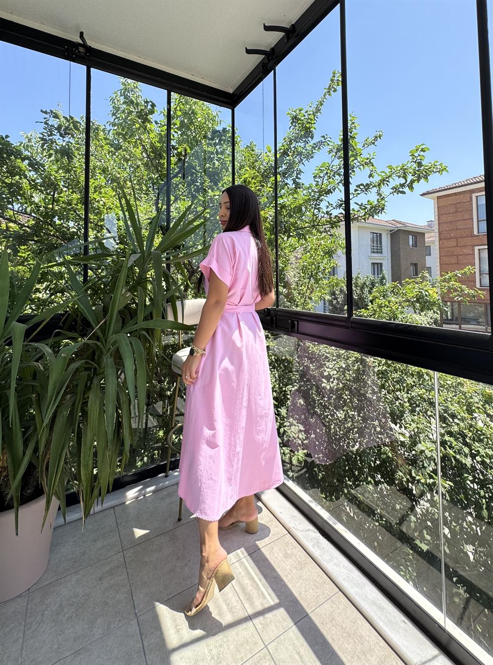 Poplin Kemerli Elbise Pembe