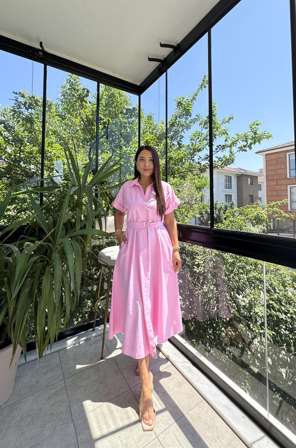 Poplin Kemerli Elbise Pembe