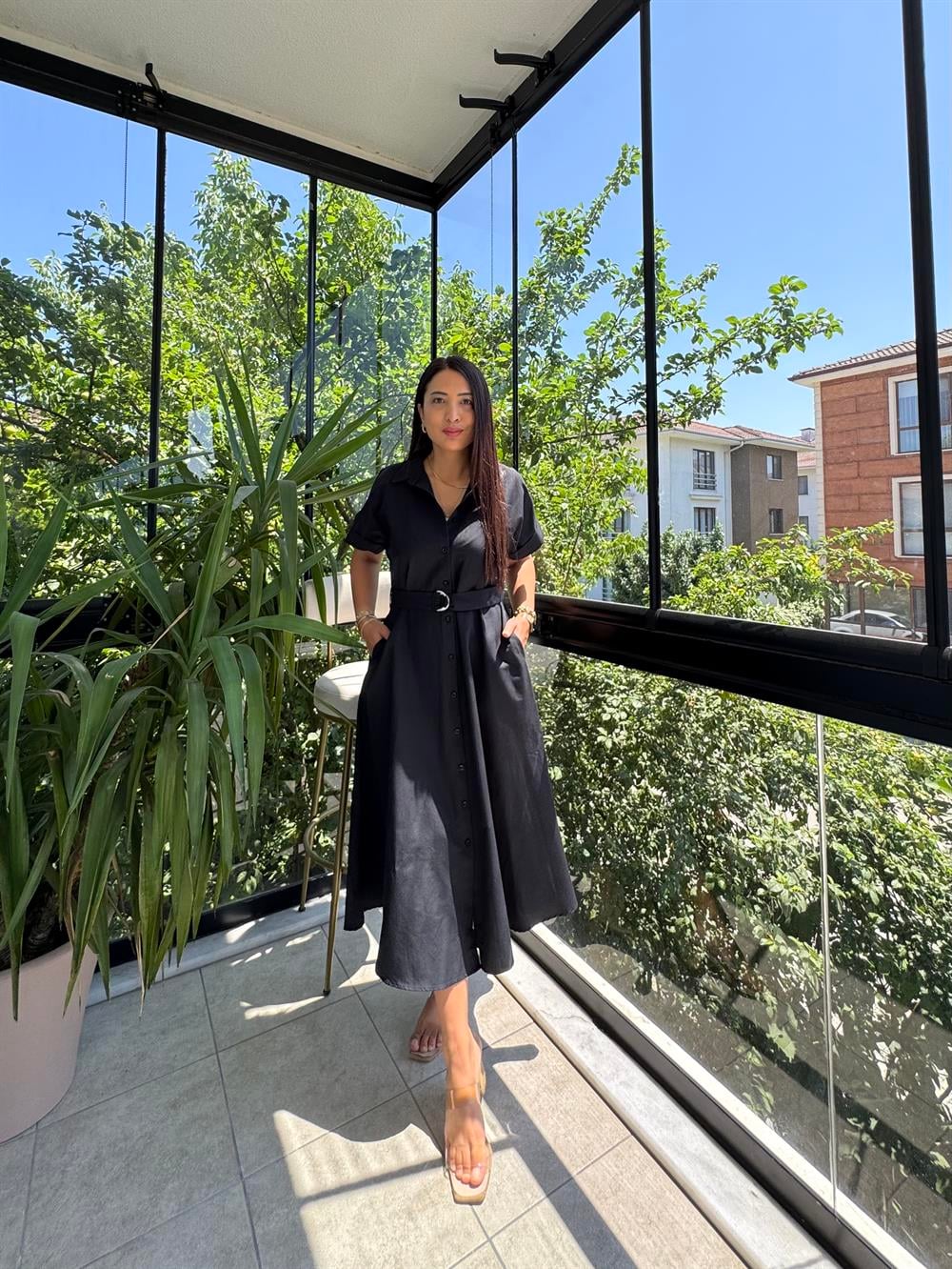 Poplin Kemerli Elbise Siyah