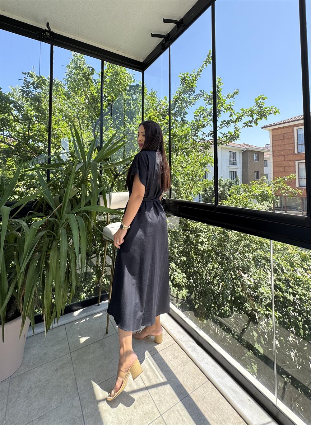 Poplin Kemerli Elbise Siyah