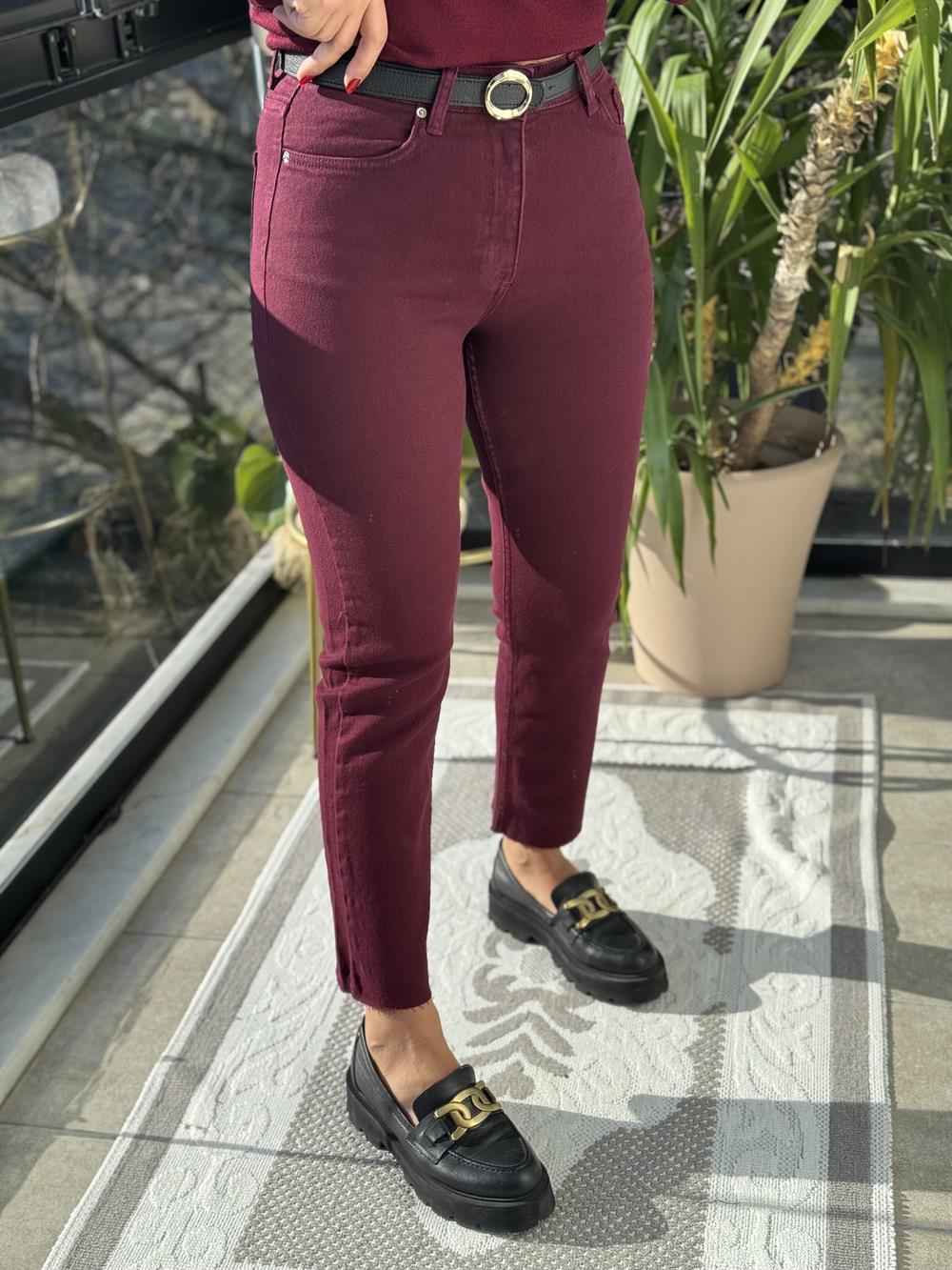 Premium Kalite Kesik Paça Jean Bordo