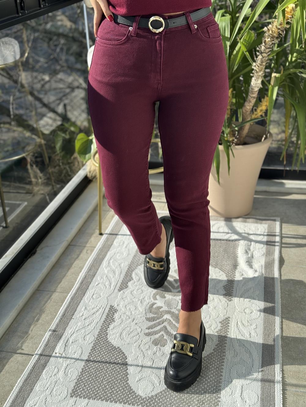 Premium Kalite Kesik Paça Jean Bordo