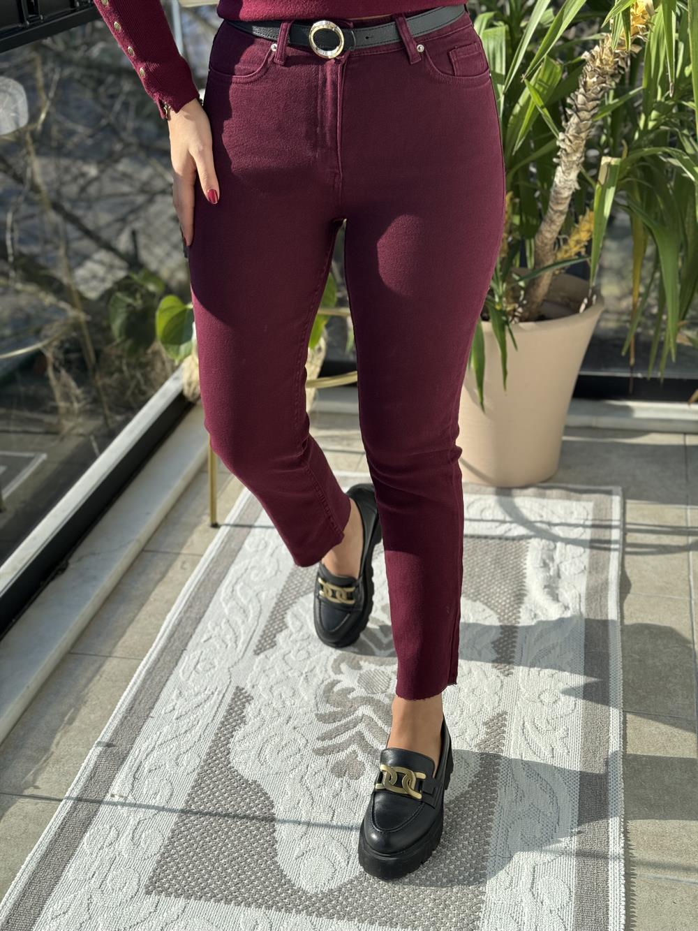 Premium Kalite Kesik Paça Jean Bordo