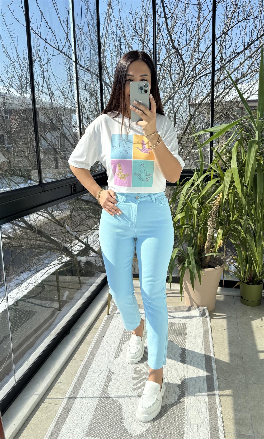 Premium Kalite Renkli Kesik Paça Jean Bebe Mavi