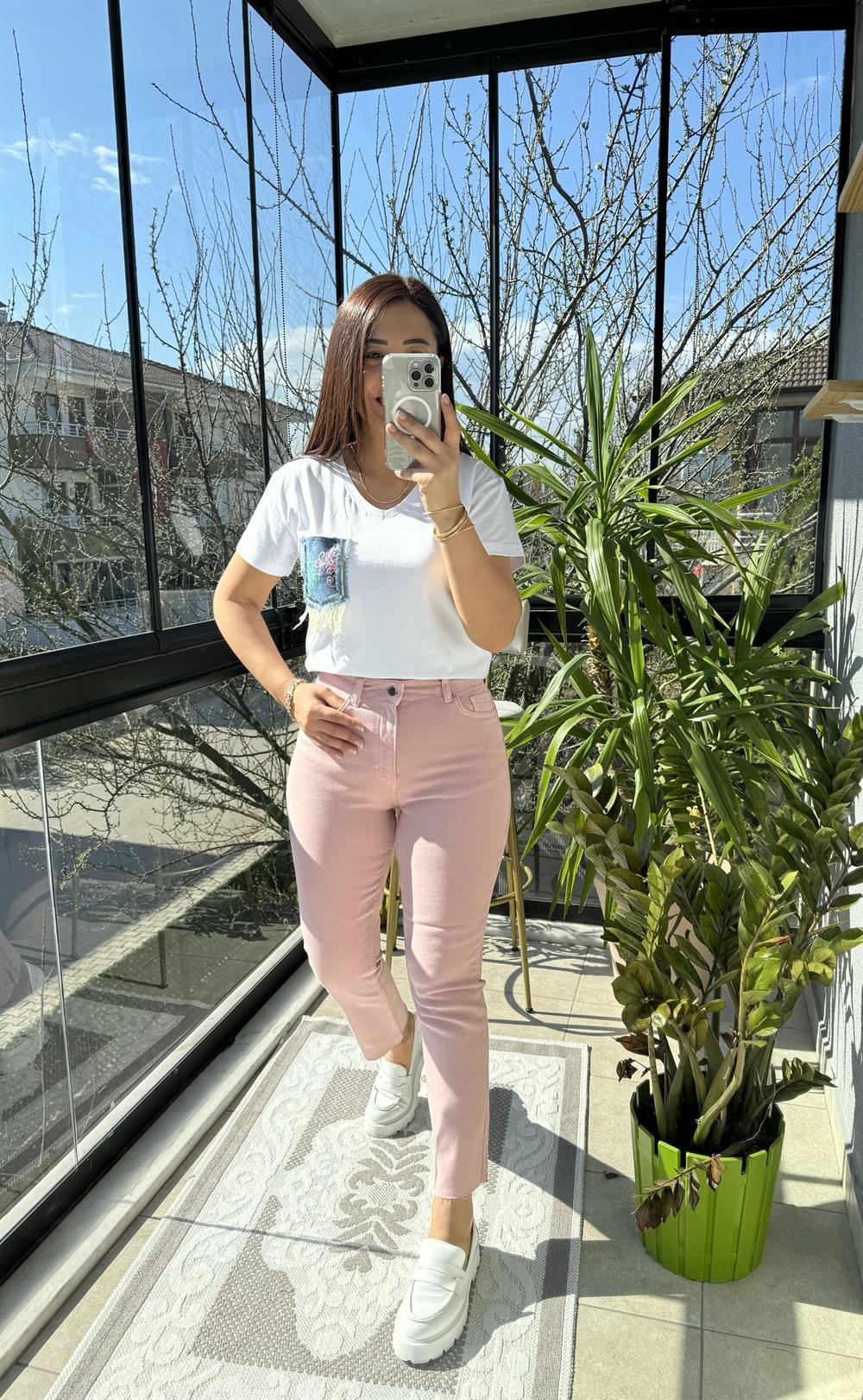 Premium Kalite Renkli Kesik Paça Jean Pembe