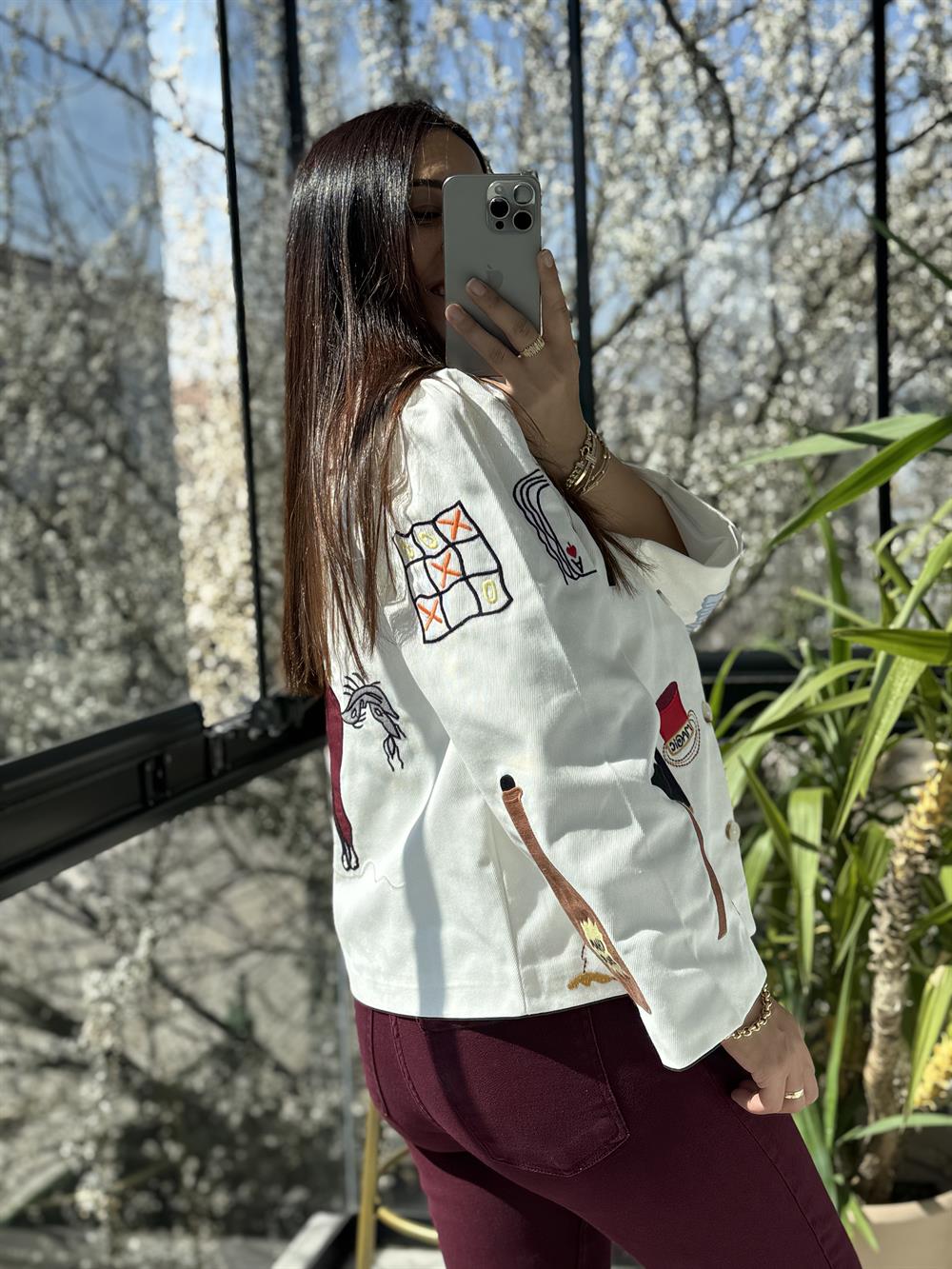 Premium Nakışlı Ceket Beyaz