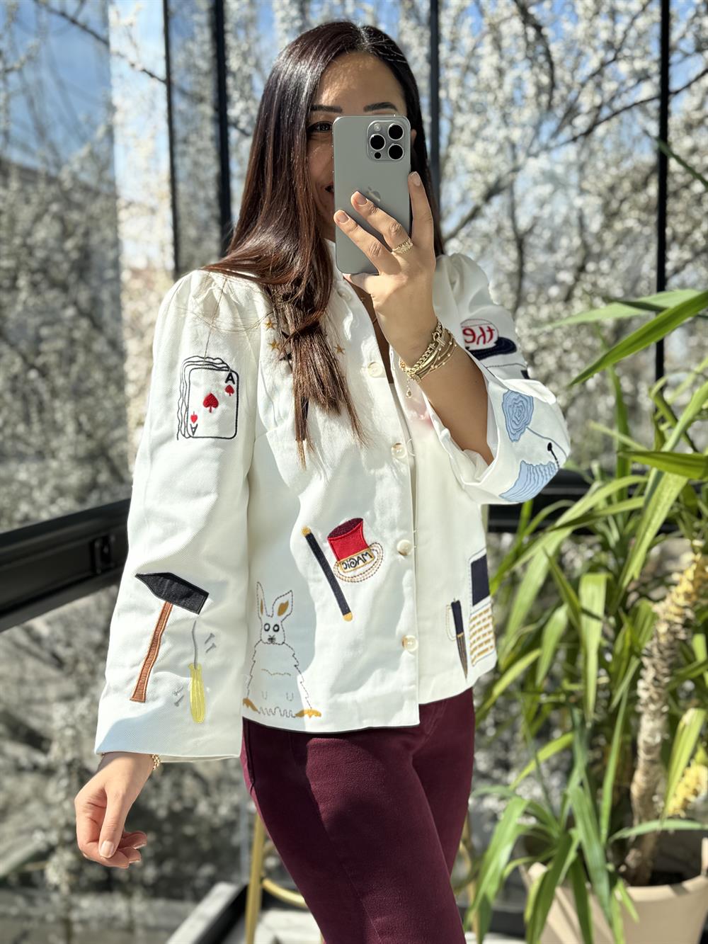 Premium Nakışlı Ceket Beyaz