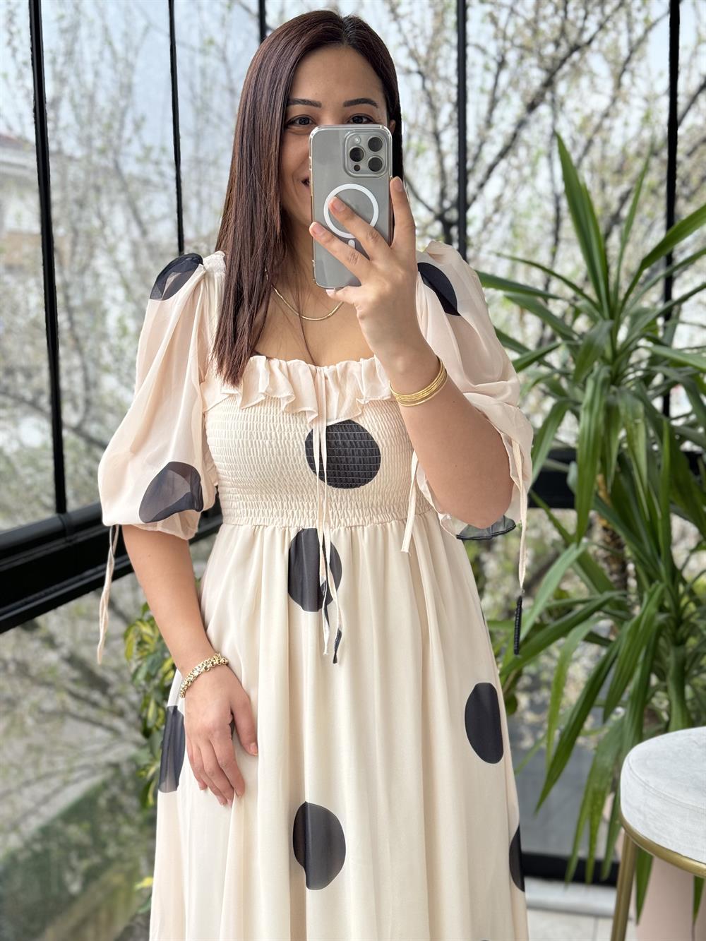 Puantiye Şifon Elbise Bej