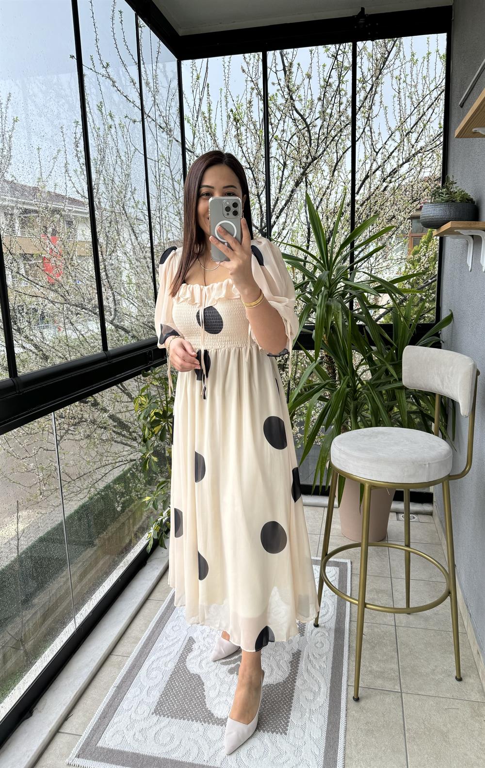 Puantiye Şifon Elbise Bej