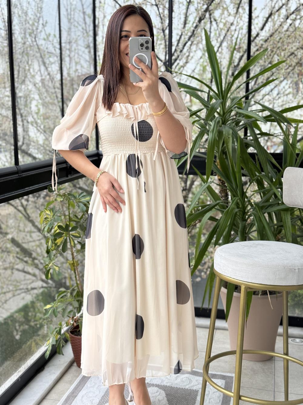 Puantiye Şifon Elbise Bej