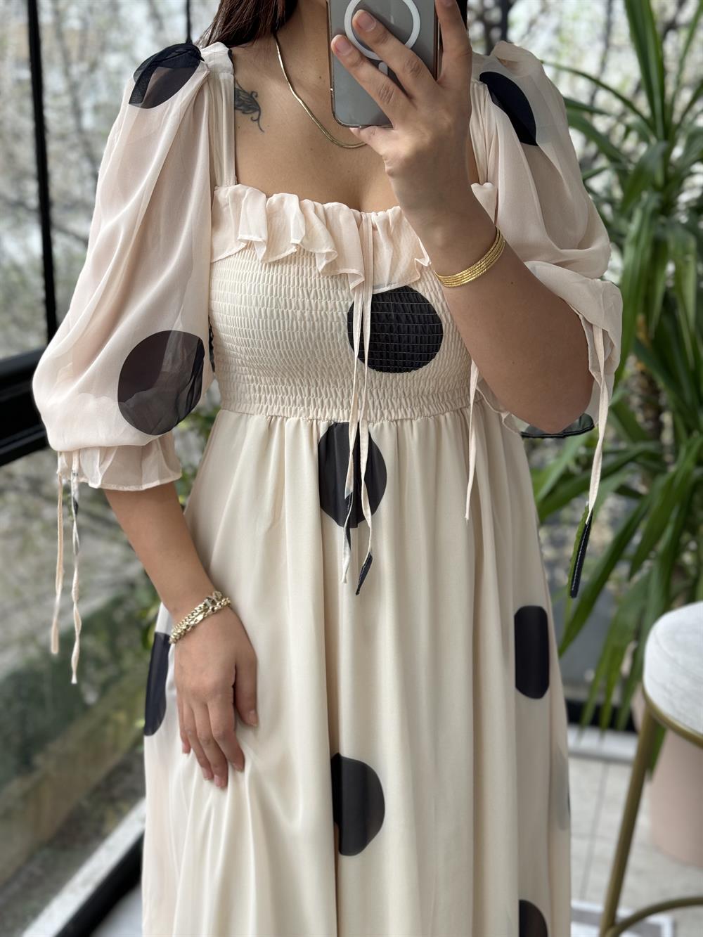 Puantiye Şifon Elbise Bej