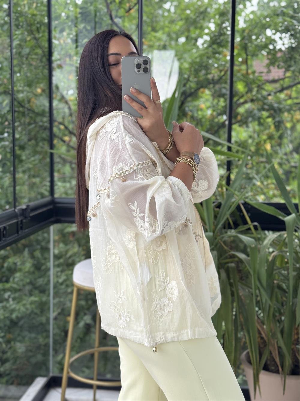 Pullu Nakışlı Ceket Natural