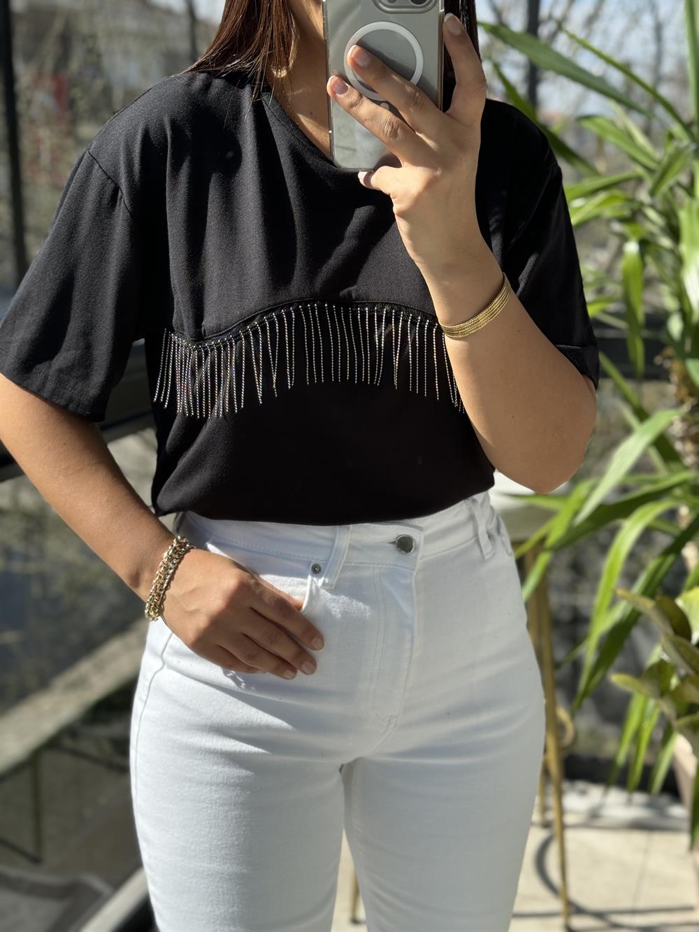 Zincirli Tişört Siyah