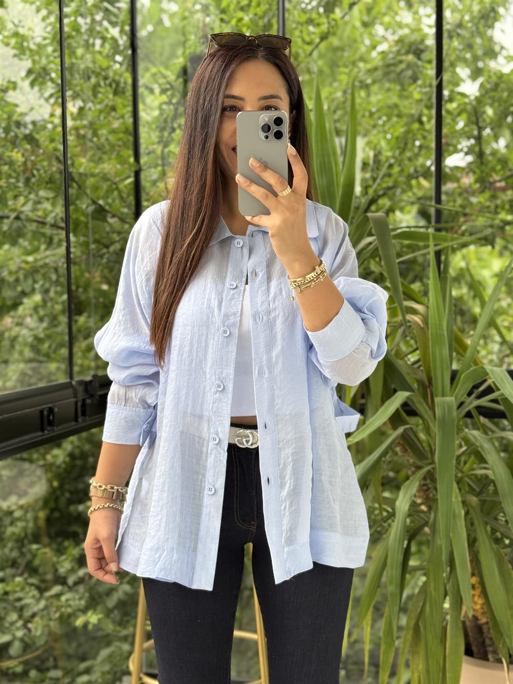 Reğlan Kol Salaş Gömlek Bebe Mavi