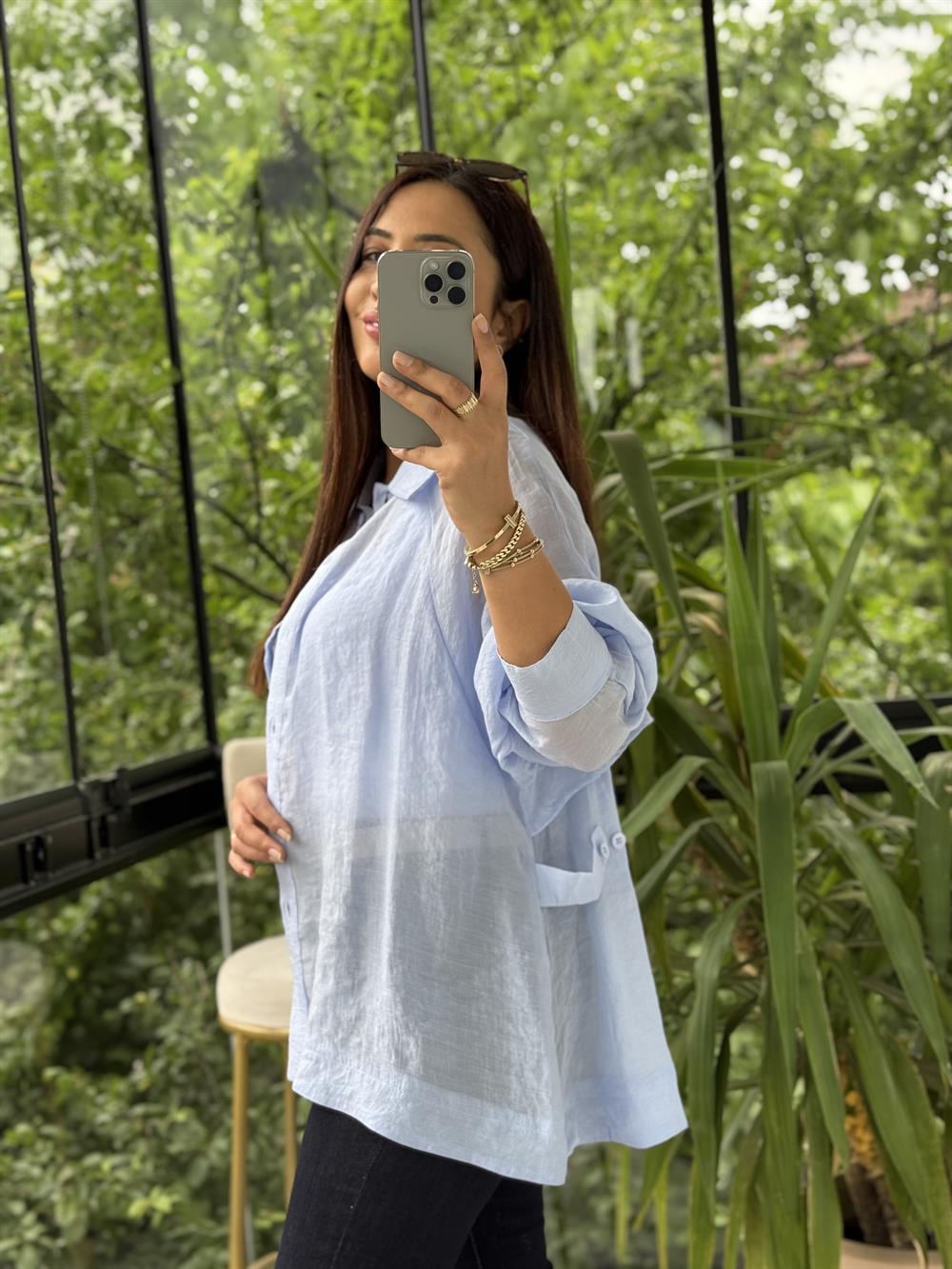 Reğlan Kol Salaş Gömlek Bebe Mavi