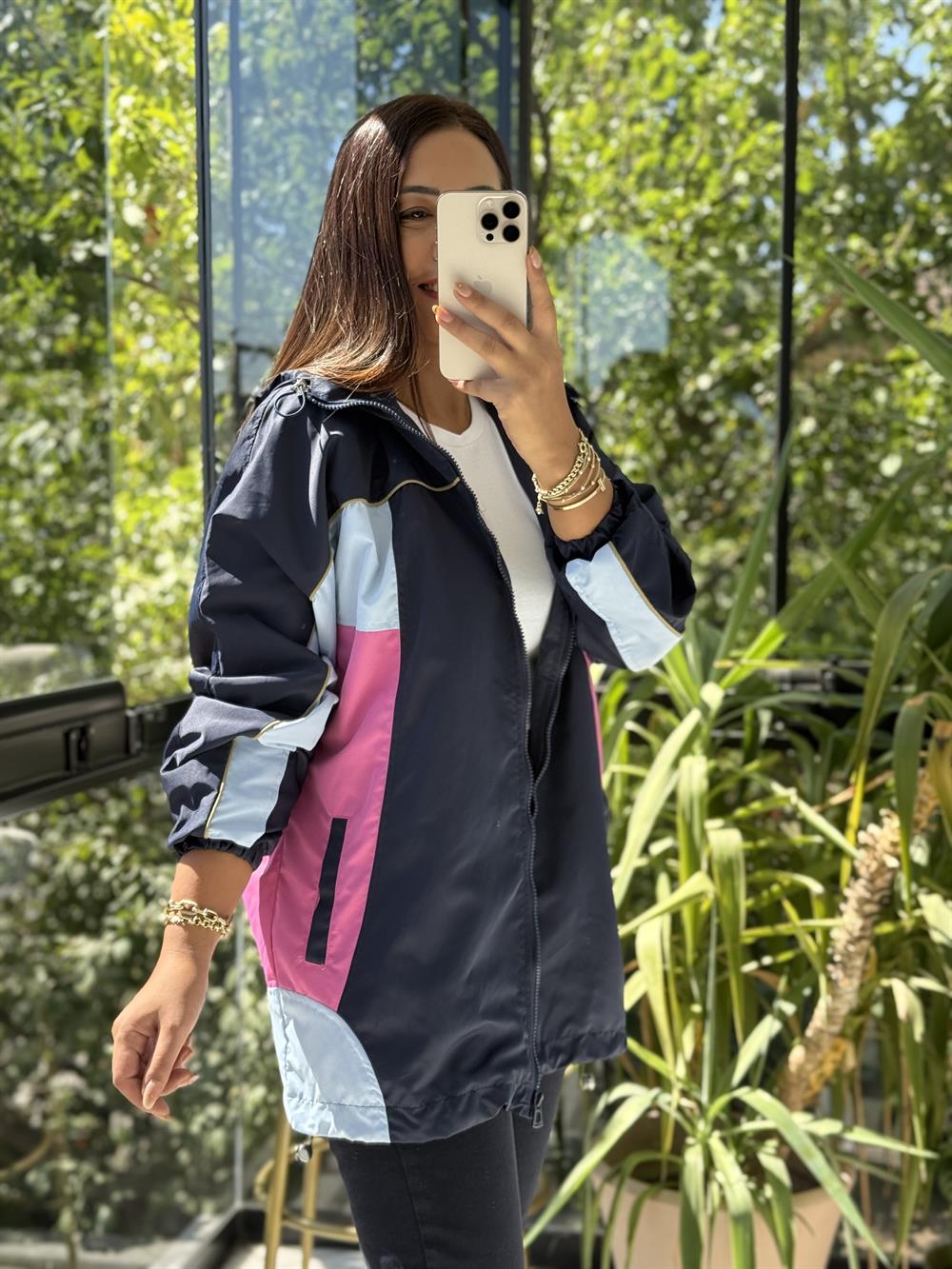 Renk Bloklu Yağmurluk Lacivert