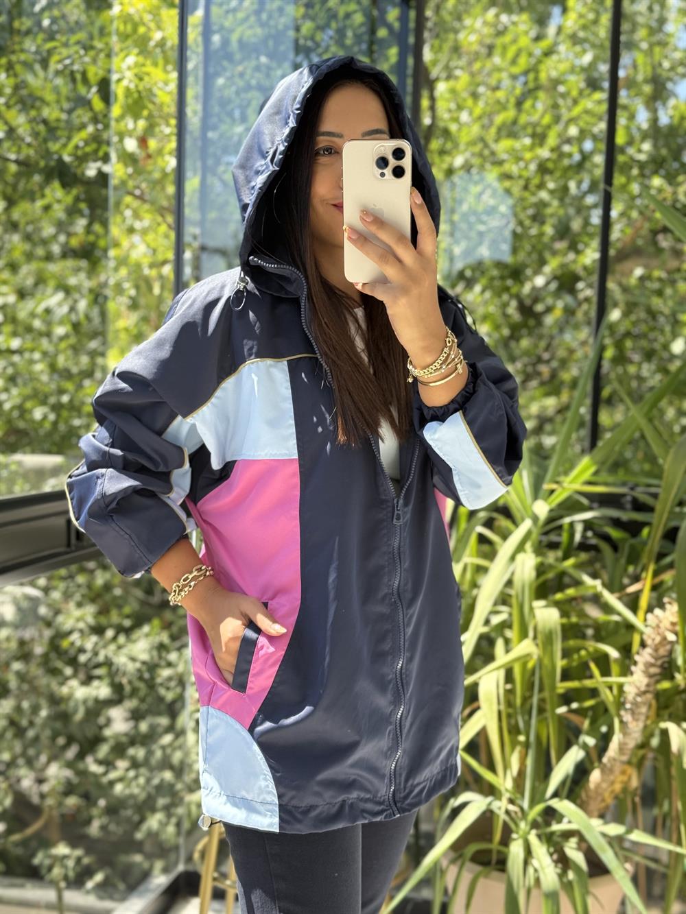 Renk Bloklu Yağmurluk Lacivert