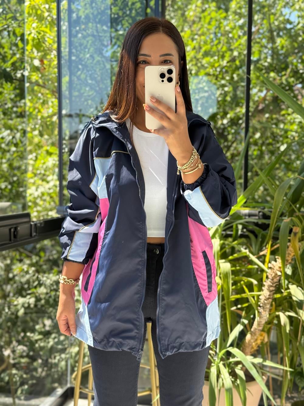 Renk Bloklu Yağmurluk Lacivert