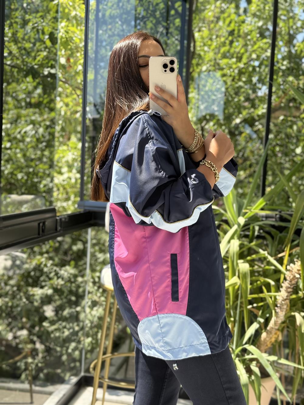 Renk Bloklu Yağmurluk Lacivert