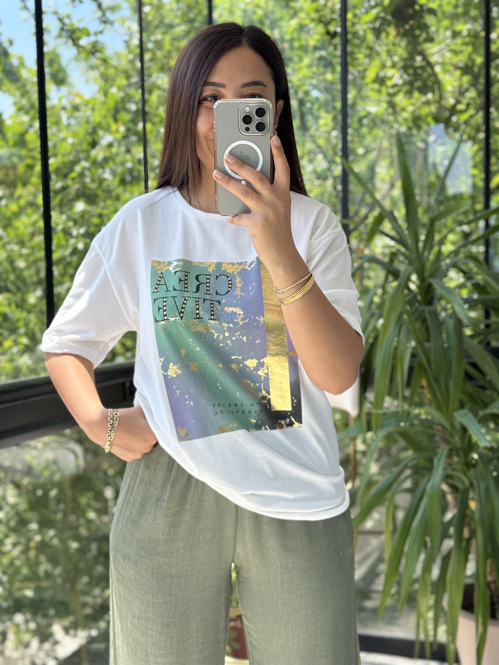 Renkli Baskılı Tişört Ekru