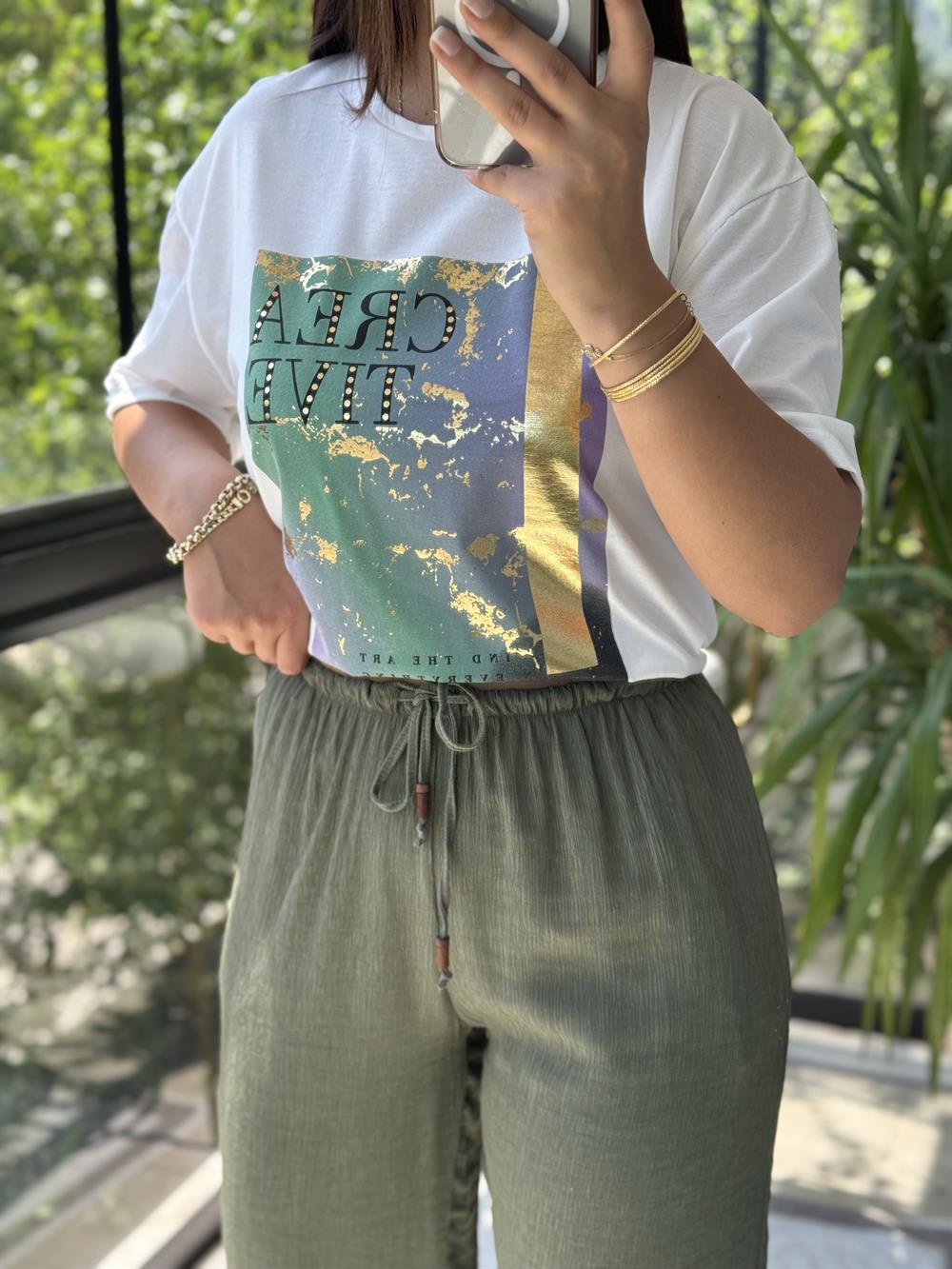 Renkli Baskılı Tişört Ekru