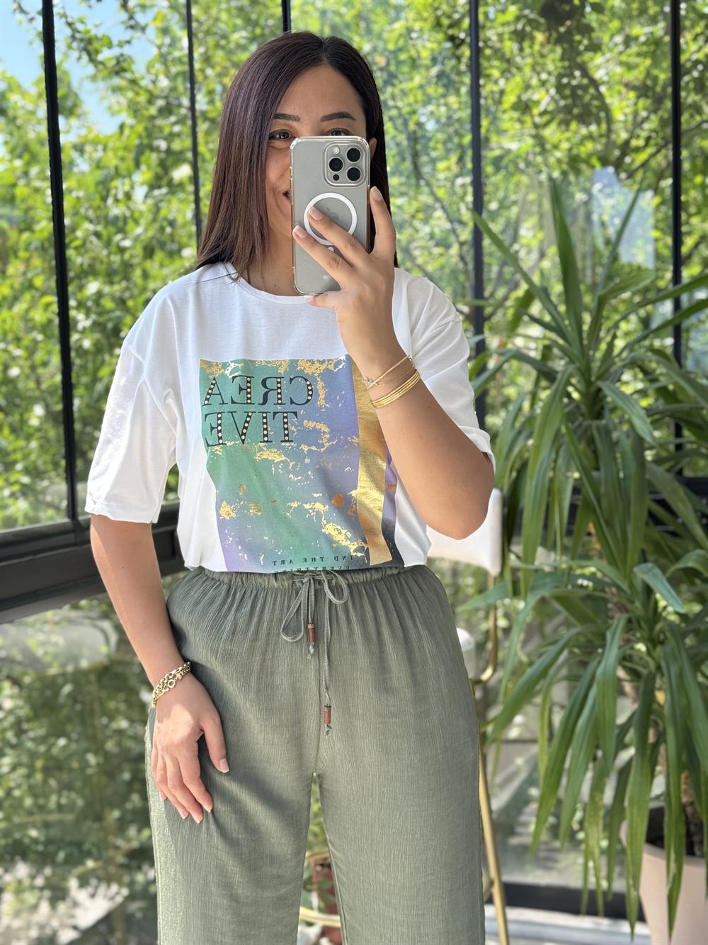 Renkli Baskılı Tişört Ekru