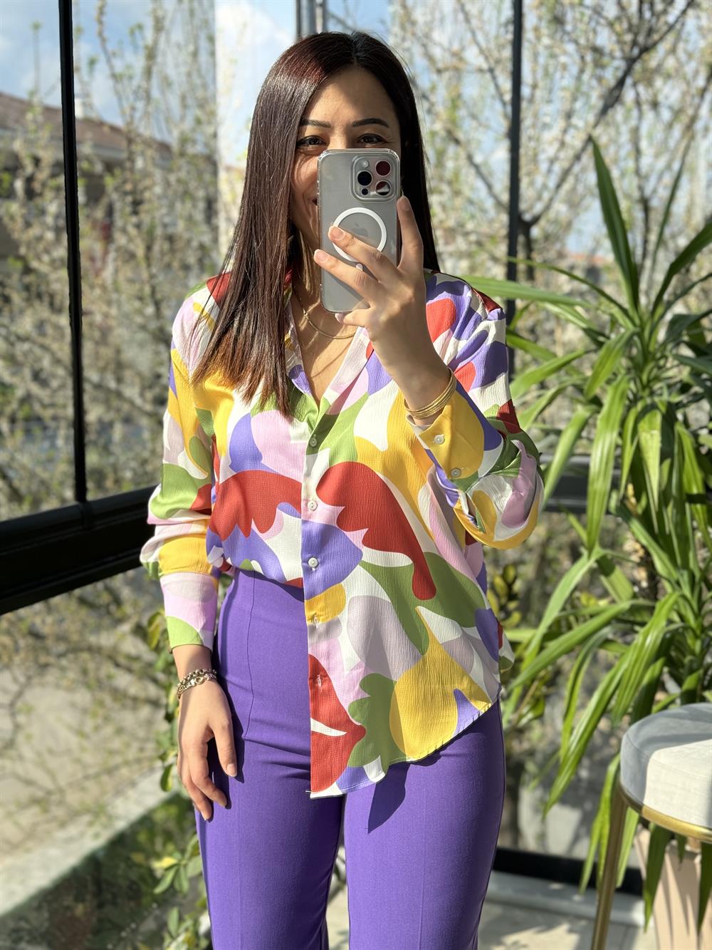 Renkli Desenli Gömlek Lila