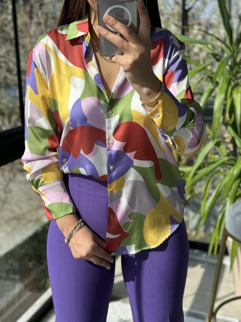 Renkli Desenli Gömlek Lila