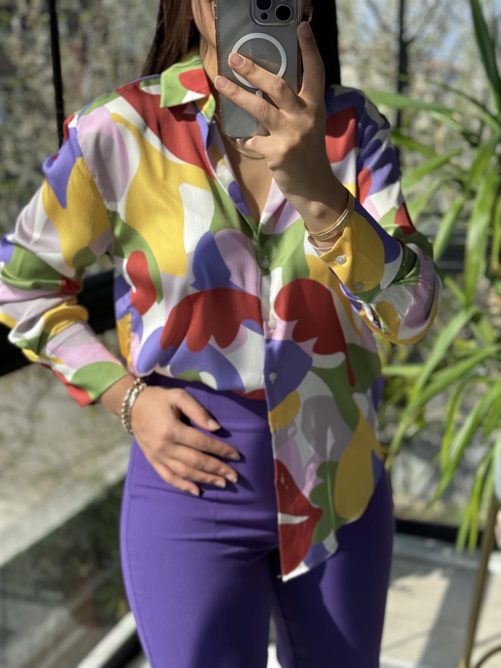 Renkli Desenli Gömlek Lila