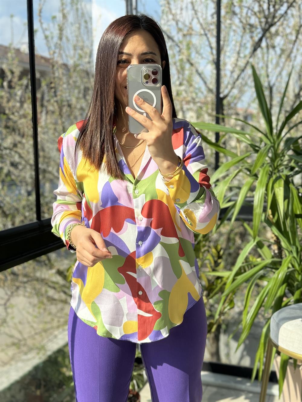 Renkli Desenli Gömlek Lila