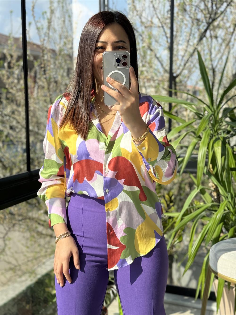 Renkli Desenli Gömlek Lila