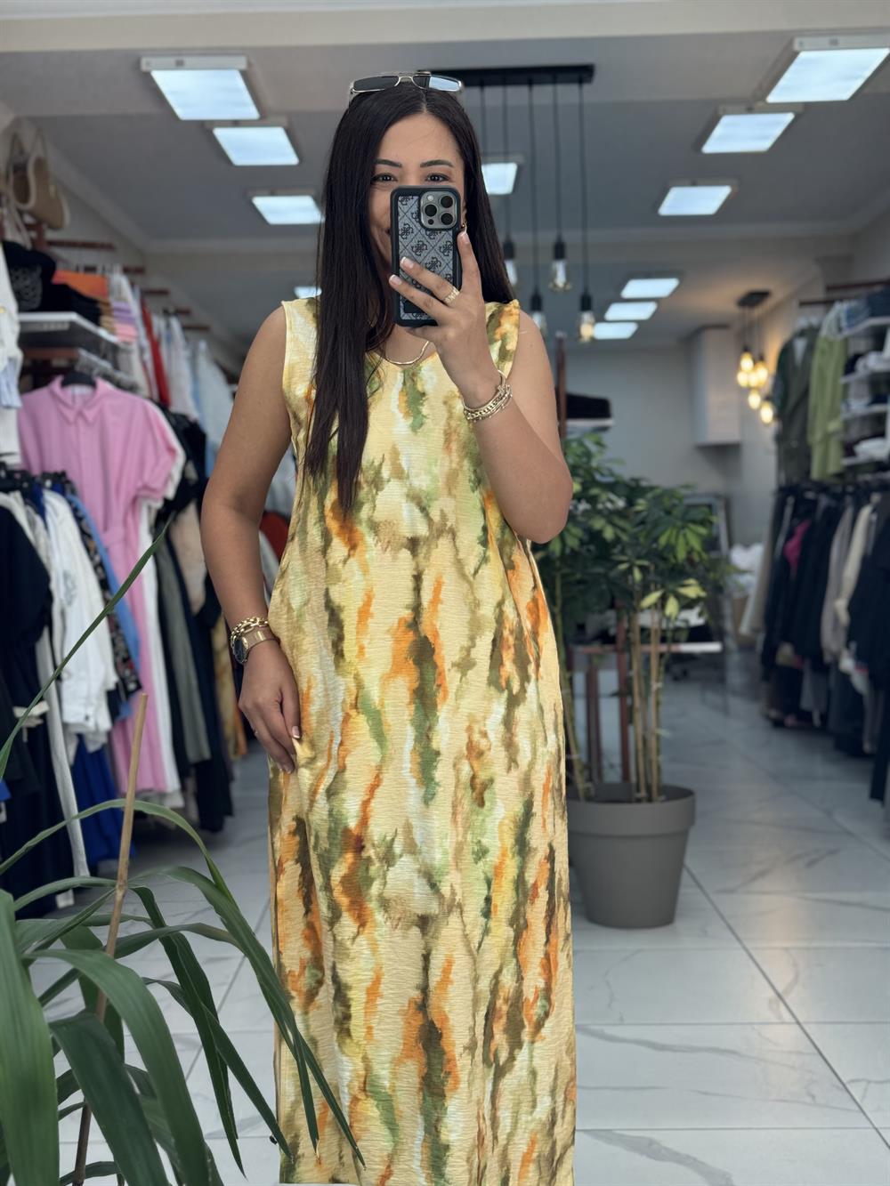 Renkli Desenli Kalın Askılı Elbise Yeşil