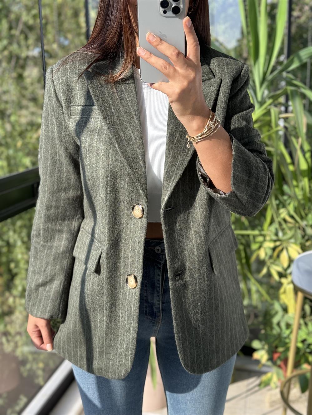 Retro Çizgili Kaşe Ceket Haki Yeşili