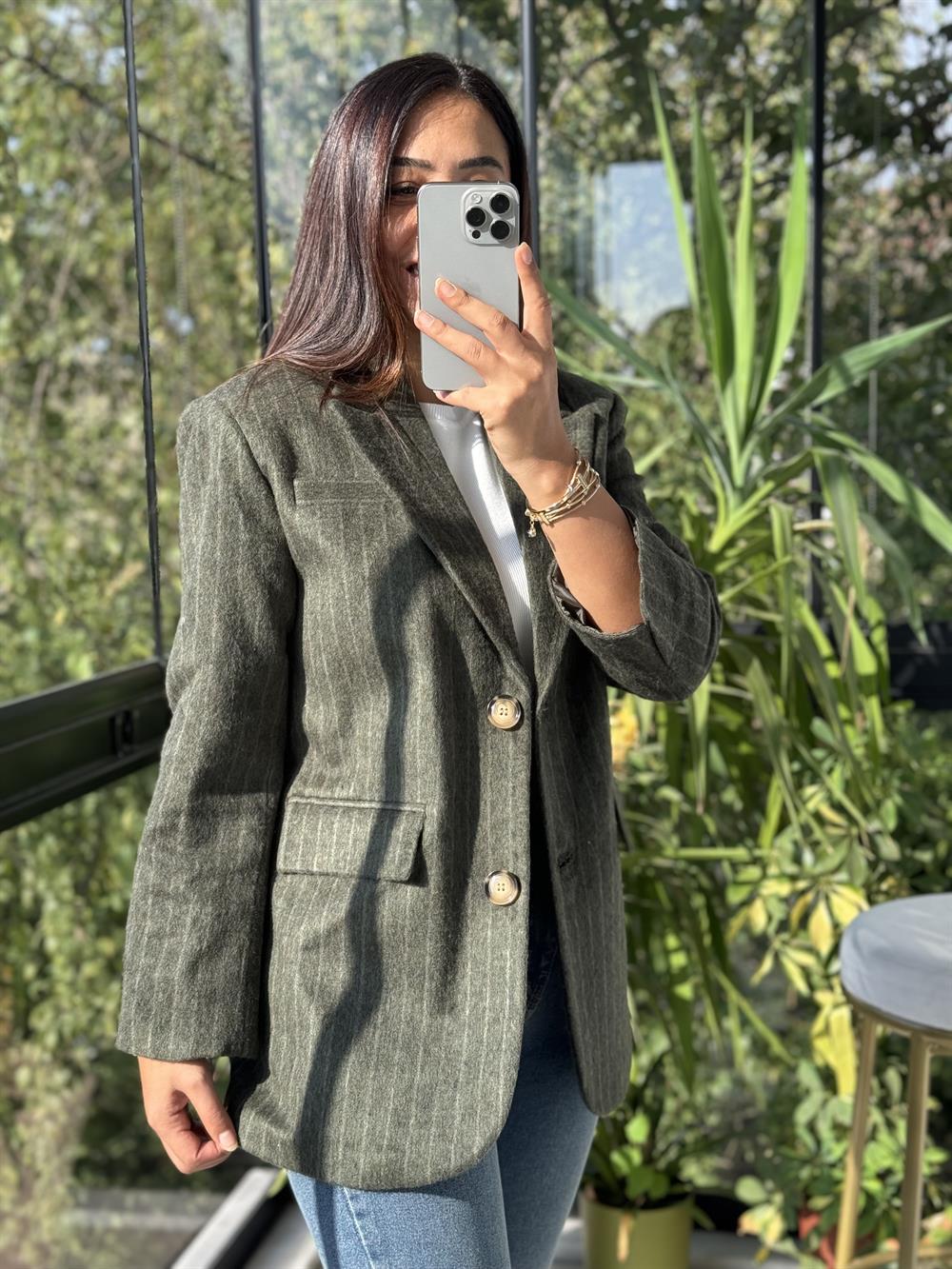 Retro Çizgili Kaşe Ceket Haki Yeşili